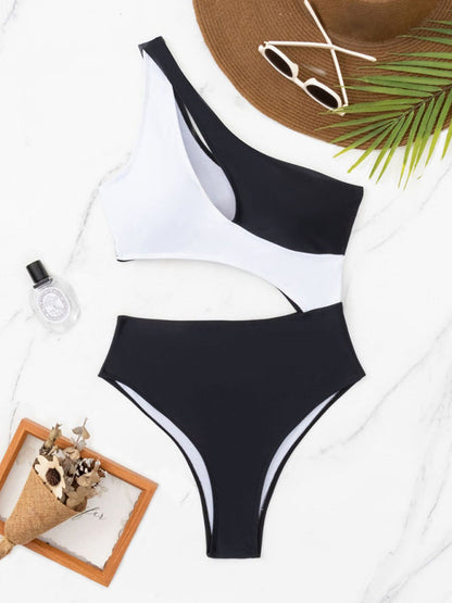 Swimwear- One Shoulder Colorblock Swimsuit | Cutout One-Piece Swimwear- - Pekosa Women Clothing