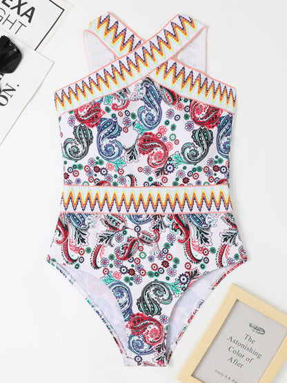 Swimwear- Poolside Perfection: Paisley One-Piece with Wireless Bra and Removable Padding- - Pekosa Women Clothing