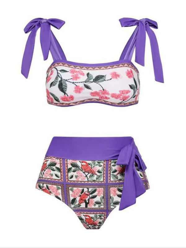 Swimwear- Purple Print 3-Piece Tummy Control Bikini - Tie Top & High Waist Bottoms & Cover-Up- - Pekosa Women Clothing