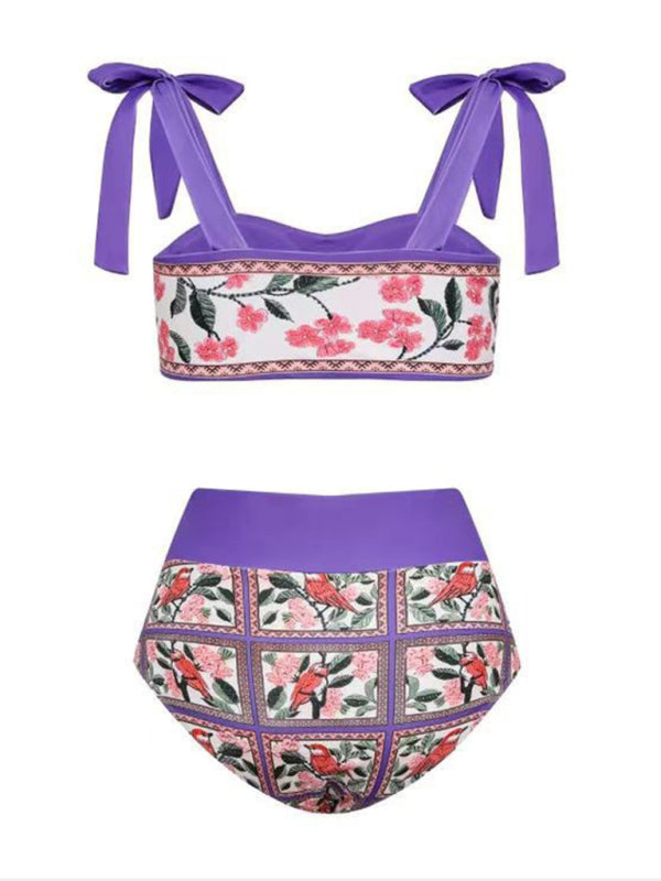 Swimwear- Purple Print 3-Piece Tummy Control Bikini - Tie Top & High Waist Bottoms & Cover-Up- - Pekosa Women Clothing