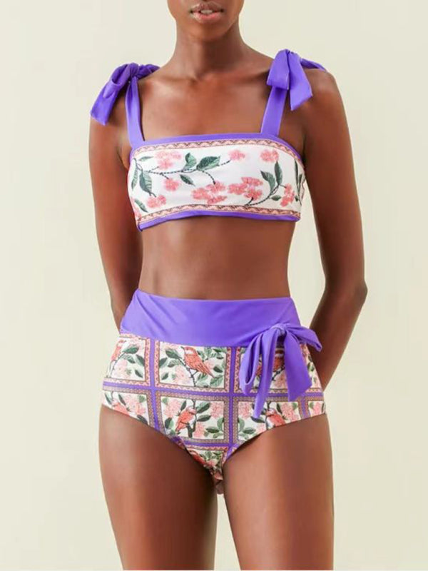 Swimwear- Purple Print 3-Piece Tummy Control Bikini - Tie Top & High Waist Bottoms & Cover-Up- Purple- Pekosa Women Clothing