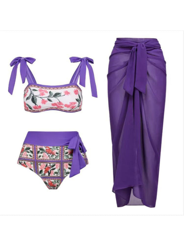 Swimwear- Purple Print 3-Piece Tummy Control Bikini - Tie Top & High Waist Bottoms & Cover-Up- - Pekosa Women Clothing