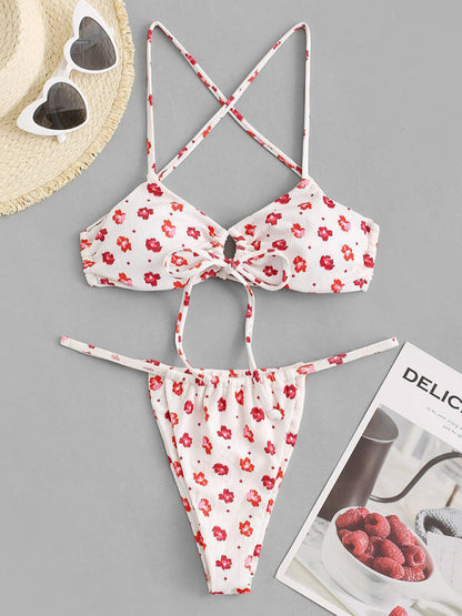 Swimwear- Rib Floral Print Tie-Up 2 Piece Bikini Swimwear Bra & High-Cut Thong- - Pekosa Women Clothing