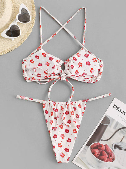 Swimwear- Rib Floral Print Tie-Up 2 Piece Bikini Swimwear Bra & High-Cut Thong- - Pekosa Women Clothing