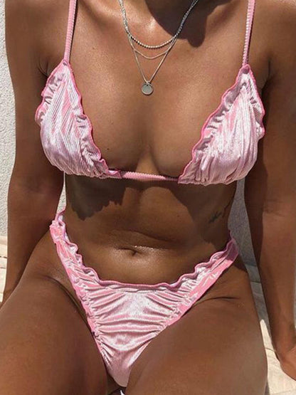 Swimwear- Rib Ruffle 2 Piece Bikini - Halter Triangle Bra and Bottoms Swimwear- Pink- Pekosa Women Clothing