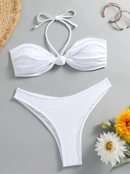 Swimwear- Ruched Thong Solid Bikini Set | 2 Piece Bandeau Halter Swimwear- - Pekosa Women Clothing