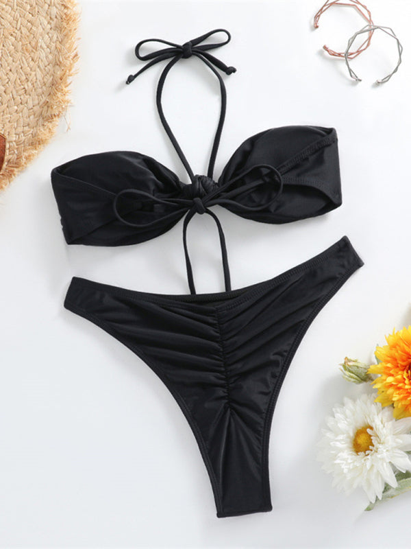 Swimwear- Ruched Thong Solid Bikini Set | 2 Piece Bandeau Halter Swimwear- - Pekosa Women Clothing