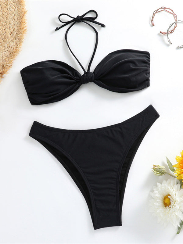 Swimwear- Ruched Thong Solid Bikini Set | 2 Piece Bandeau Halter Swimwear- - Pekosa Women Clothing