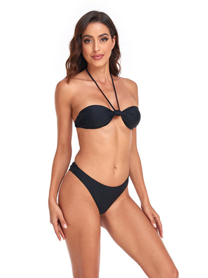 Swimwear- Ruched Thong Solid Bikini Set | 2 Piece Bandeau Halter Swimwear- - Pekosa Women Clothing