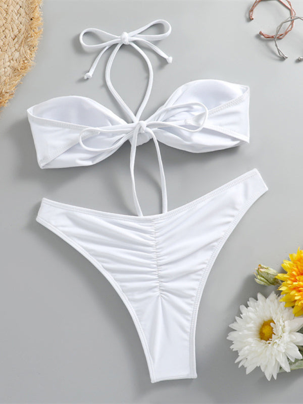 Swimwear- Ruched Thong Solid Bikini Set | 2 Piece Bandeau Halter Swimwear- - Pekosa Women Clothing