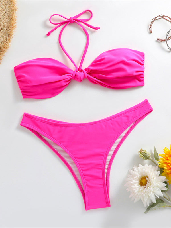 Swimwear- Ruched Thong Solid Bikini Set | 2 Piece Bandeau Halter Swimwear- - Pekosa Women Clothing