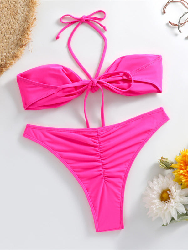 Swimwear- Ruched Thong Solid Bikini Set | 2 Piece Bandeau Halter Swimwear- - Pekosa Women Clothing