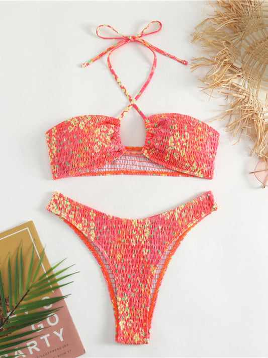 Swimwear- Smocked Floral 2 Piece Swimwear | Wireless Bra and Bikini- Red- Pekosa Women Clothing