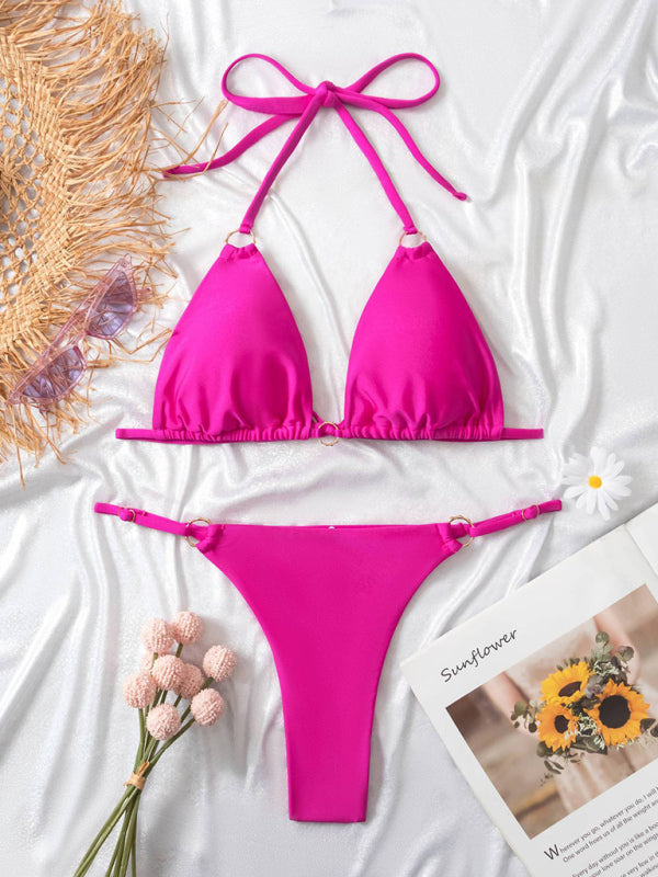 Swimwear- Solid 2 Piece Swimwear - Wireless Triangle Halter Bra & Bikini- - Pekosa Women Clothing