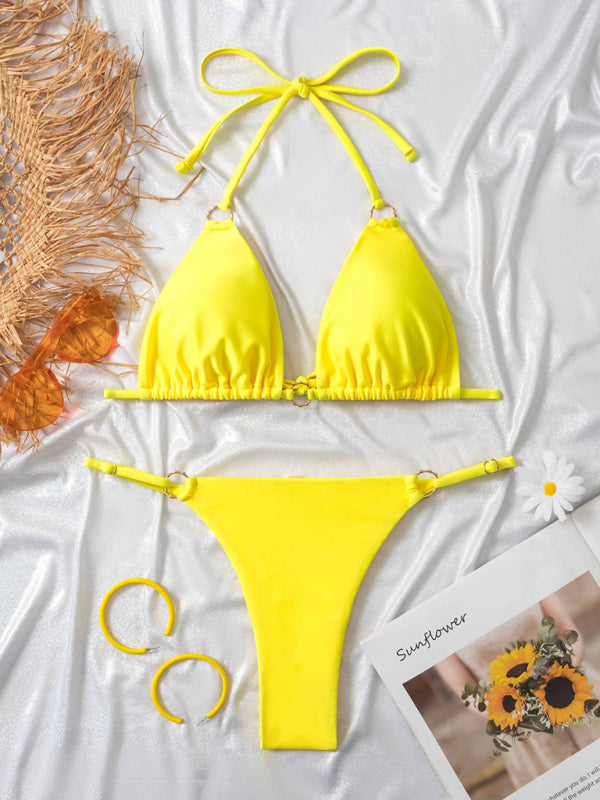 Swimwear- Solid 2 Piece Swimwear - Wireless Triangle Halter Bra & Bikini- - Pekosa Women Clothing