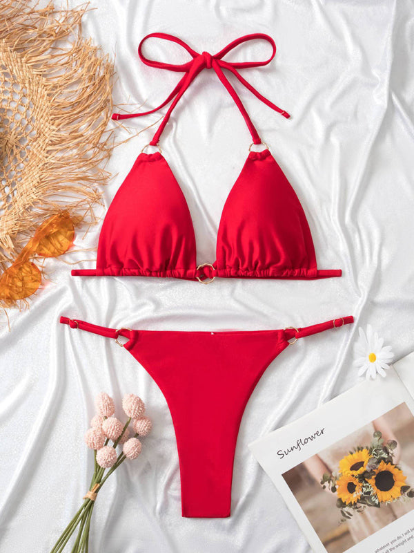 Swimwear- Solid 2 Piece Swimwear - Wireless Triangle Halter Bra & Bikini- - Pekosa Women Clothing