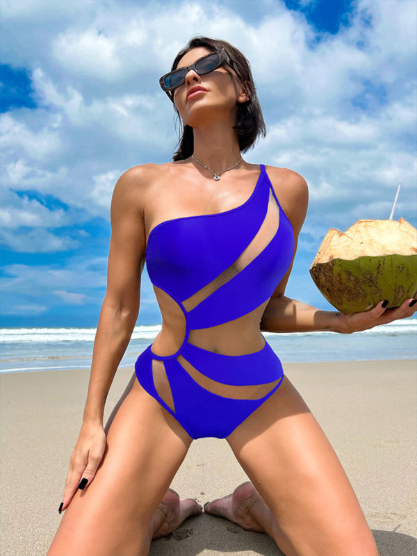 Swimwear- Solid One-Piece Cutout Swimsuit | One Shoulder Swimwear with Mesh Accents- - Pekosa Women Clothing