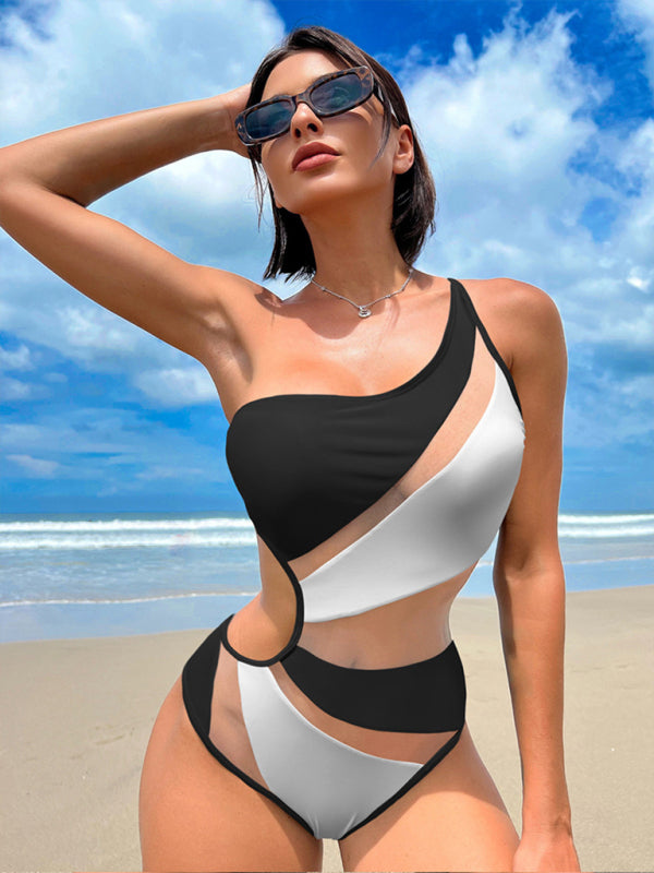 Swimwear- Solid One-Piece Cutout Swimsuit | One Shoulder Swimwear with Mesh Accents- White- Pekosa Women Clothing