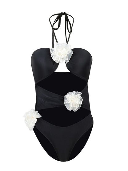 Swimwear- Solid One-Piece Strapless Swimsuit | Wireless Cutout Swimwear with Flower Applique- - Pekosa Women Clothing