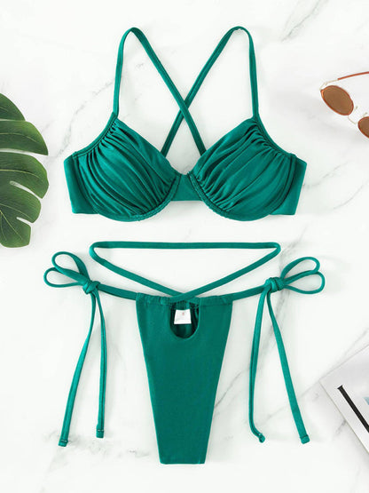 Swimwear- Solid Underwire Bra and Micro Bikini Bottoms - 2 Piece Swimwear- Green- Pekosa Women Clothing