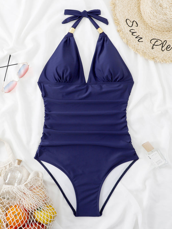 Swimwear- Solid Wireless One-Piece Swimsuit - Monokini- Navy blue- Pekosa Women Clothing