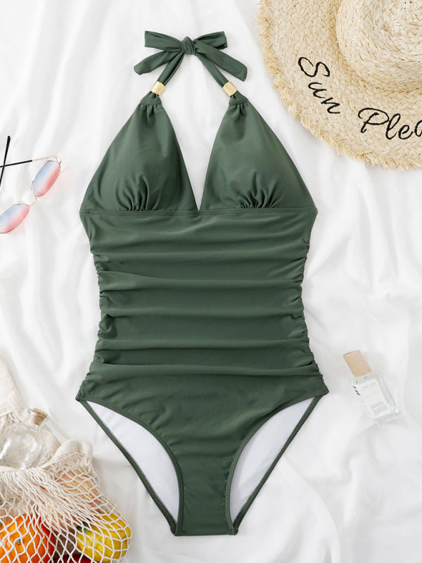 Swimwear- Solid Wireless One-Piece Swimsuit - Monokini- Green- Pekosa Women Clothing