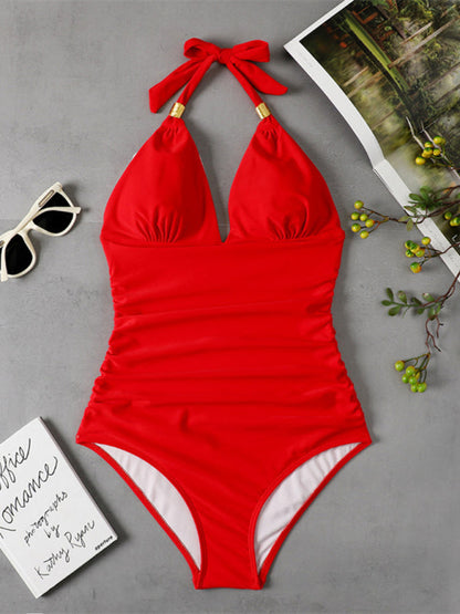 Swimwear- Solid Wireless One-Piece Swimsuit - Monokini- - Pekosa Women Clothing