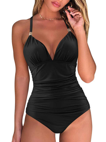 Swimwear- Solid Wireless One-Piece Swimsuit - Monokini- Black- Pekosa Women Clothing