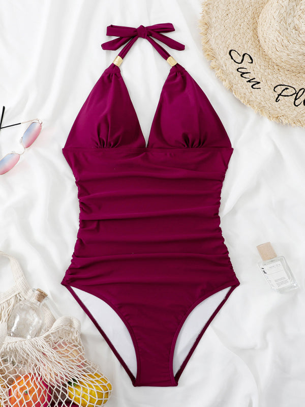 Swimwear- Solid Wireless One-Piece Swimsuit - Monokini- Red Violet- Pekosa Women Clothing