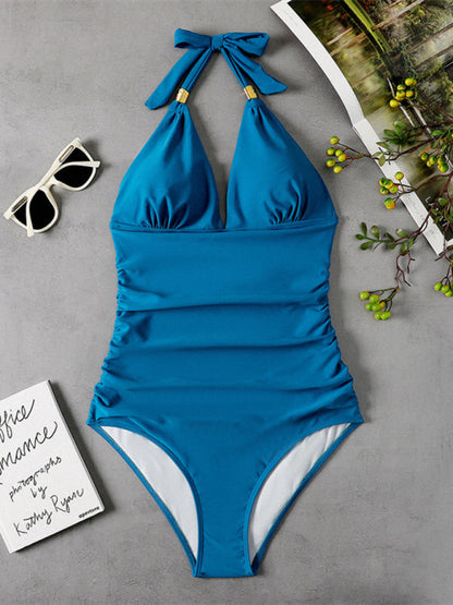 Swimwear- Solid Wireless One-Piece Swimsuit - Monokini- Blue- Pekosa Women Clothing