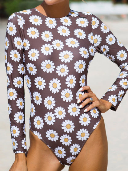 Swimwear- Sporty Long Sleeve One Piece Swimsuit - Sunflower Swimwear- - Pekosa Women Clothing