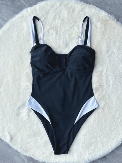 Swimwear- Sporty Monokini Swimwear with Contrast Trim - One-Piece Swimsuit- - Pekosa Women Fashion