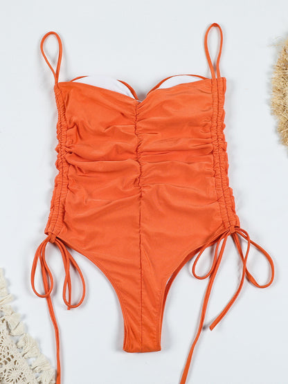 Swimwear- Sporty One-Piece Ruched Swimsuit with Wireless Design and Adjustable Sides- Orange- Pekosa Women Clothing