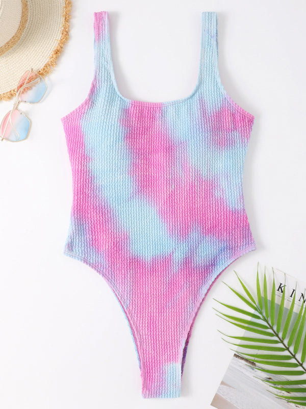 Swimwear- Sporty One-Piece Swimsuit - Tie-Dye Textured Swimwear- Sky blue azure- Pekosa Women Clothing