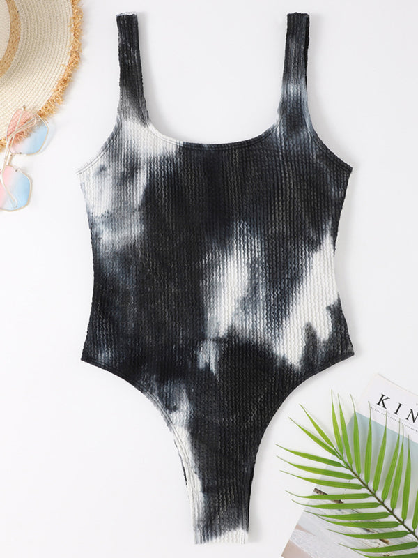 Swimwear- Sporty One-Piece Swimsuit - Tie-Dye Textured Swimwear- - Pekosa Women Clothing