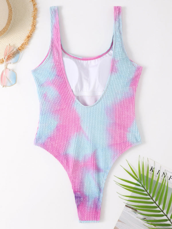 Swimwear- Sporty One-Piece Swimsuit - Tie-Dye Textured Swimwear- - Pekosa Women Clothing