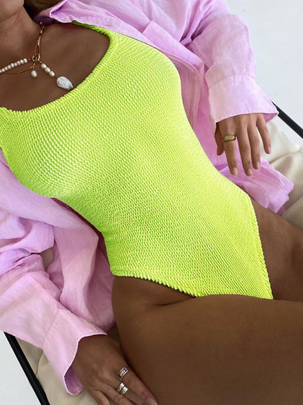 Swimwear- Sporty One-Piece Swimsuit - Tie-Dye Textured Swimwear- GreenYellow- Pekosa Women Clothing