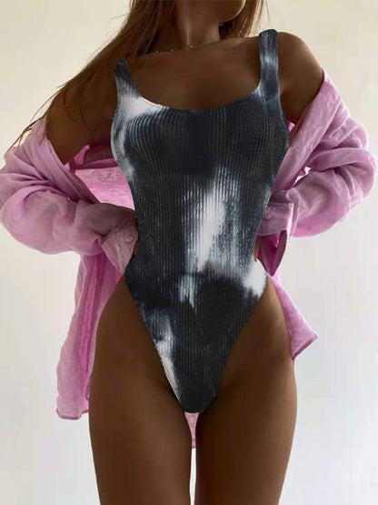 Swimwear- Sporty One-Piece Swimsuit - Tie-Dye Textured Swimwear- Dark Gray- Pekosa Women Clothing