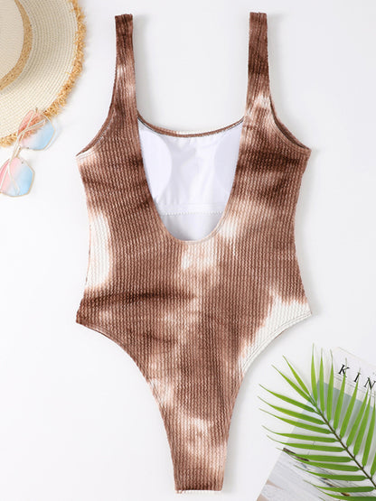 Swimwear- Sporty One-Piece Swimsuit - Tie-Dye Textured Swimwear- - Pekosa Women Clothing