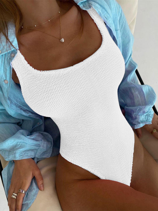 Swimwear- Sporty One-Piece Swimsuit - Tie-Dye Textured Swimwear- White- Pekosa Women Clothing