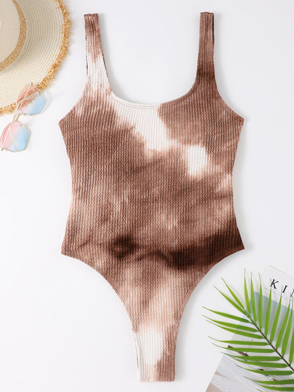 Swimwear- Sporty One-Piece Swimsuit - Tie-Dye Textured Swimwear- - Pekosa Women Clothing