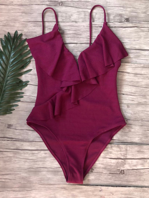 Swimwear- Sporty Ruffle One-Piece Textured Swimsuit- Dark red- Pekosa Women Clothing