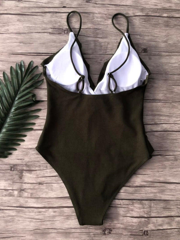 Swimwear- Sporty Ruffle One-Piece Textured Swimsuit- - Pekosa Women Clothing