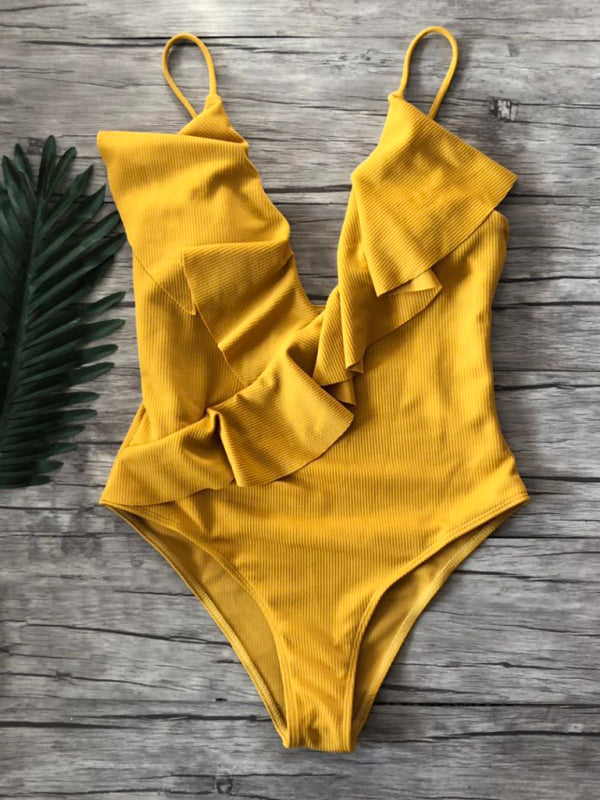 Swimwear- Sporty Ruffle One-Piece Textured Swimsuit- - Pekosa Women Clothing