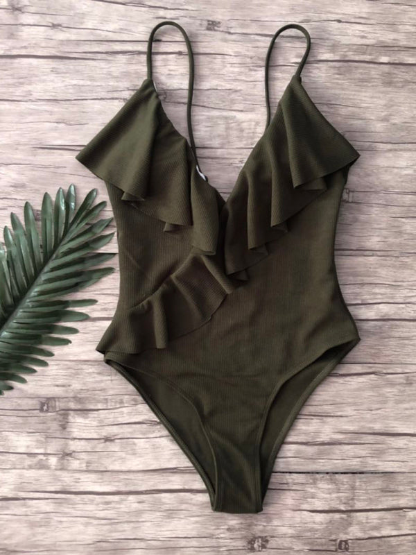 Swimwear- Sporty Ruffle One-Piece Textured Swimsuit- Green- Pekosa Women Clothing