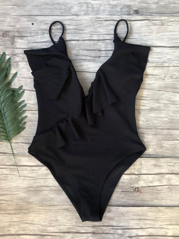 Swimwear- Sporty Ruffle One-Piece Textured Swimsuit- Black- Pekosa Women Clothing