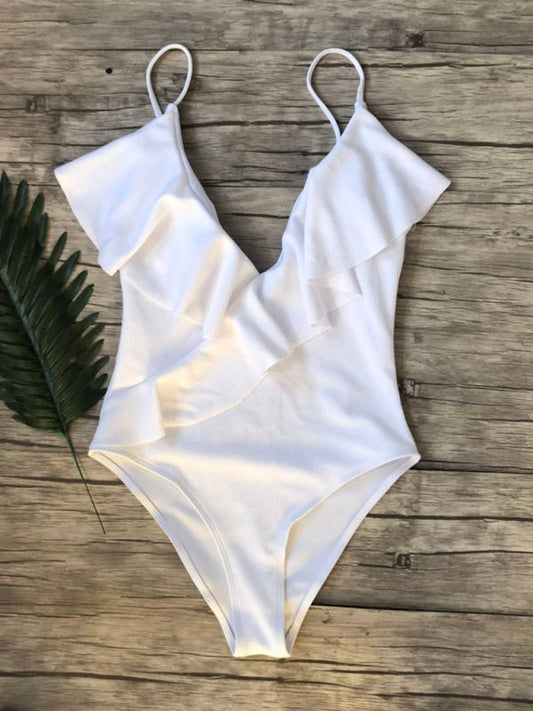 Swimwear- Sporty Ruffle One-Piece Textured Swimsuit- White- Pekosa Women Clothing