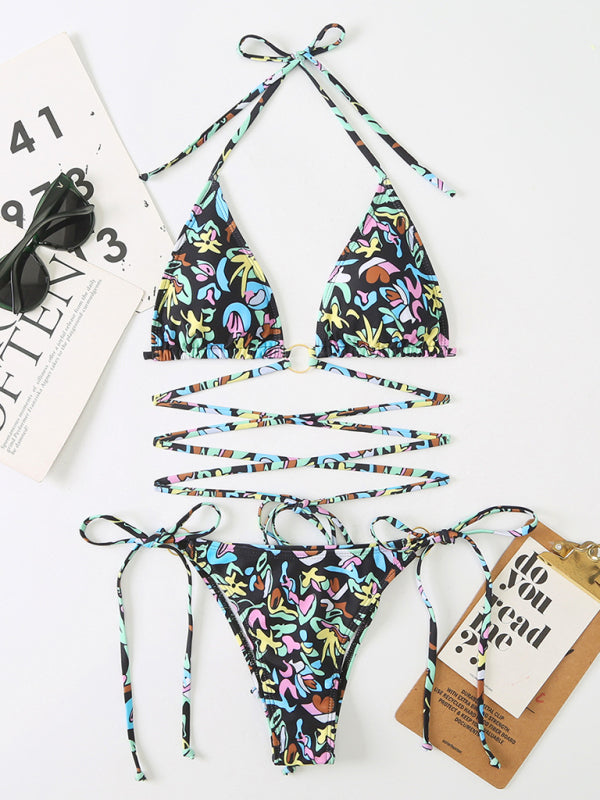 Swimwear- Strappy Wireless Triangle Bra 2 Piece Floral Print String Bikini- Black- Pekosa Women Clothing