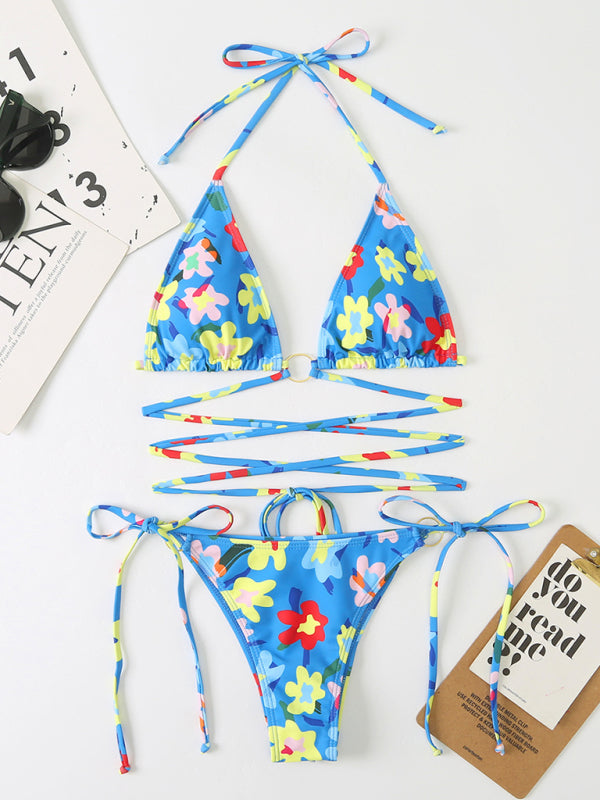 Swimwear- Strappy Wireless Triangle Bra 2 Piece Floral Print String Bikini- - Pekosa Women Clothing