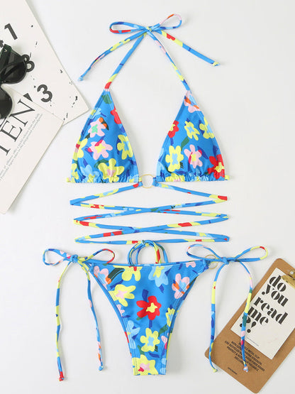 Swimwear- Strappy Wireless Triangle Bra 2 Piece Floral Print String Bikini- - Pekosa Women Clothing